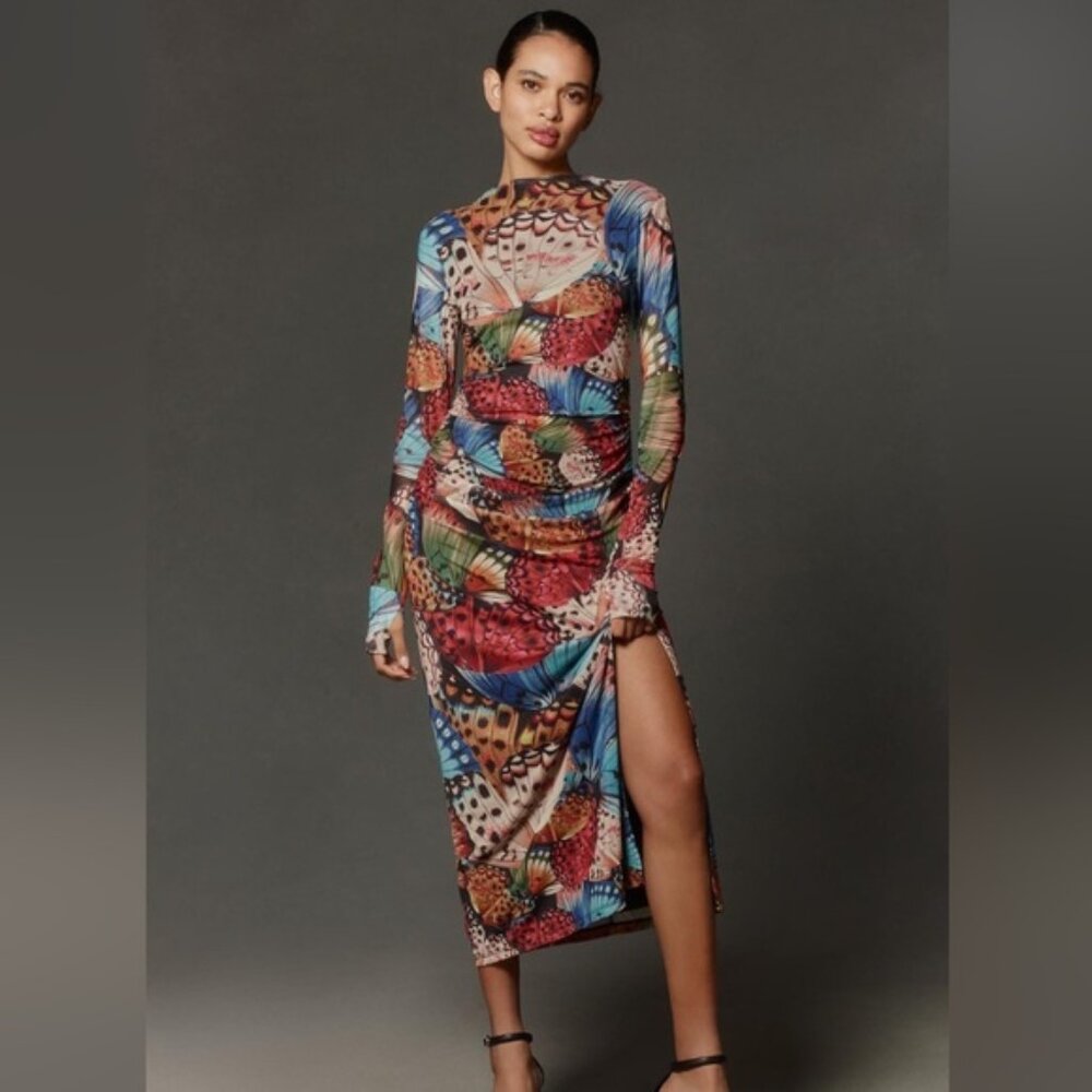 NWT-Farm Rio Long-Sleeve Mock-Neck Mesh Slim Midi Dress - Size XL